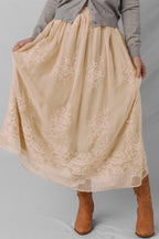 Oatmeal Embroidered Mesh Overlay Flowy Long Skirt- Women Oatmeal 100%Polyester