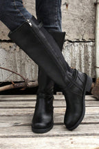 Black Side Zipper Knee High Chunky Low Heel Boots- Women