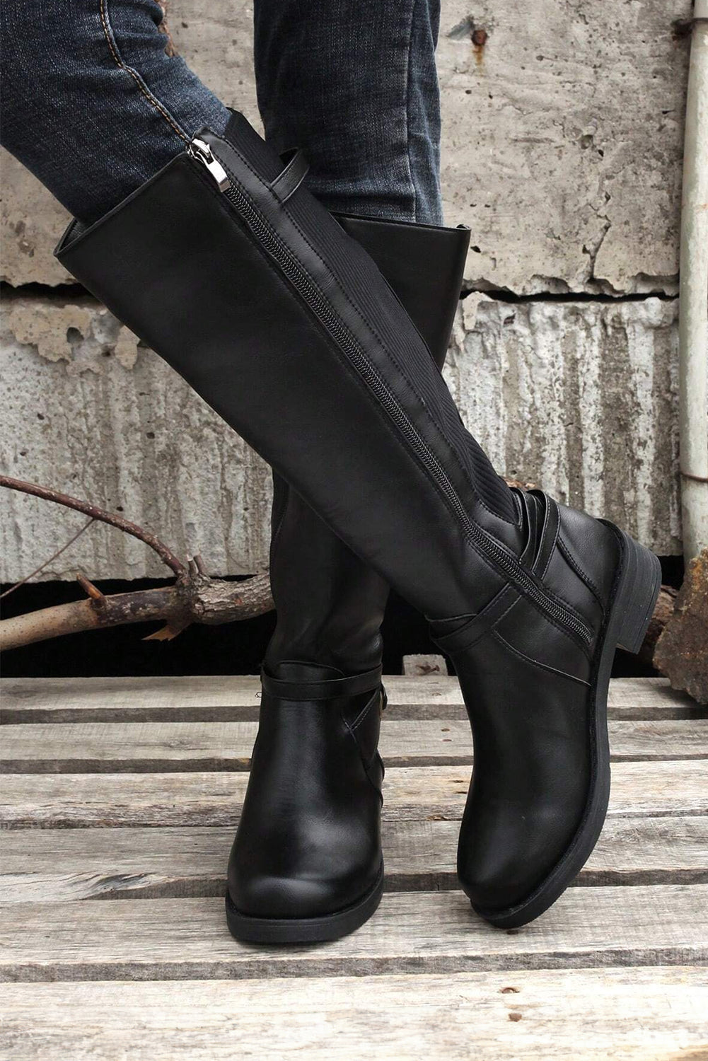 Black Side Zipper Knee High Chunky Low Heel Boots- Women