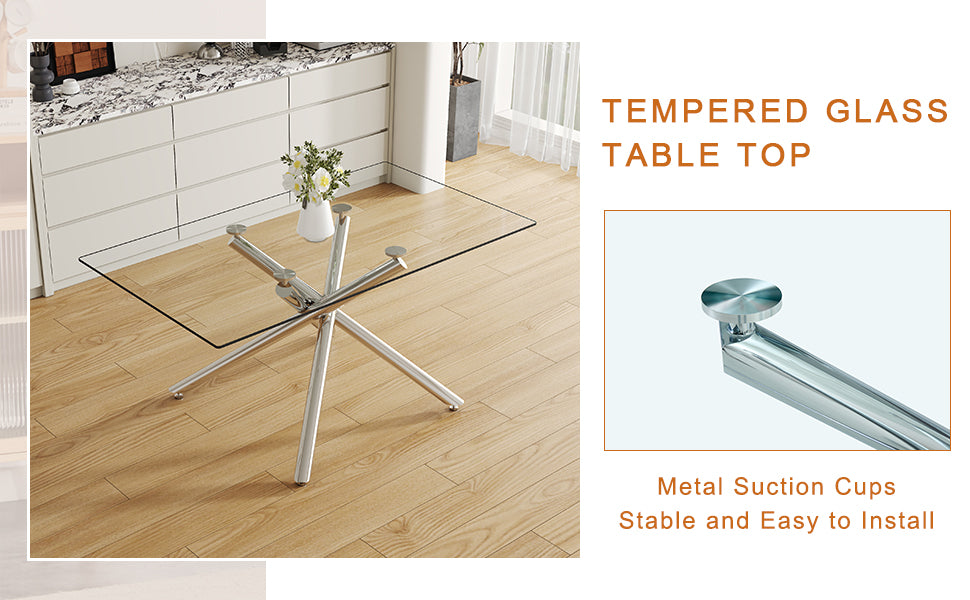 Large Modern Minimalist Rectangular Glass Dining Table with 0.39' Tempered Glass Tabletop and Silver Chrome Metal Legs, for Kitchen Dining Living Meeting Room Banquet hall,63''x35''x 29''W1151S00191