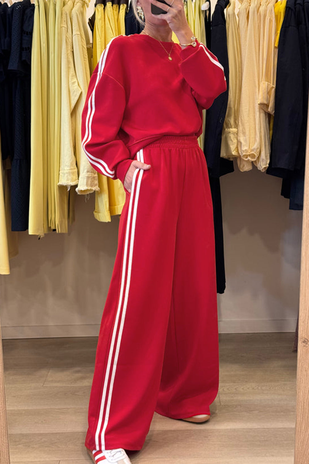 Fiery Red Varsity Striped Detail Crewneck Pullover Elastic Sweatpants 2pcs Outfit- Women