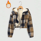 Women's Elegant Plaid Hooded Jacket, Full-Zip Lightweight Coat For Winter Casual Wear Dark Brown