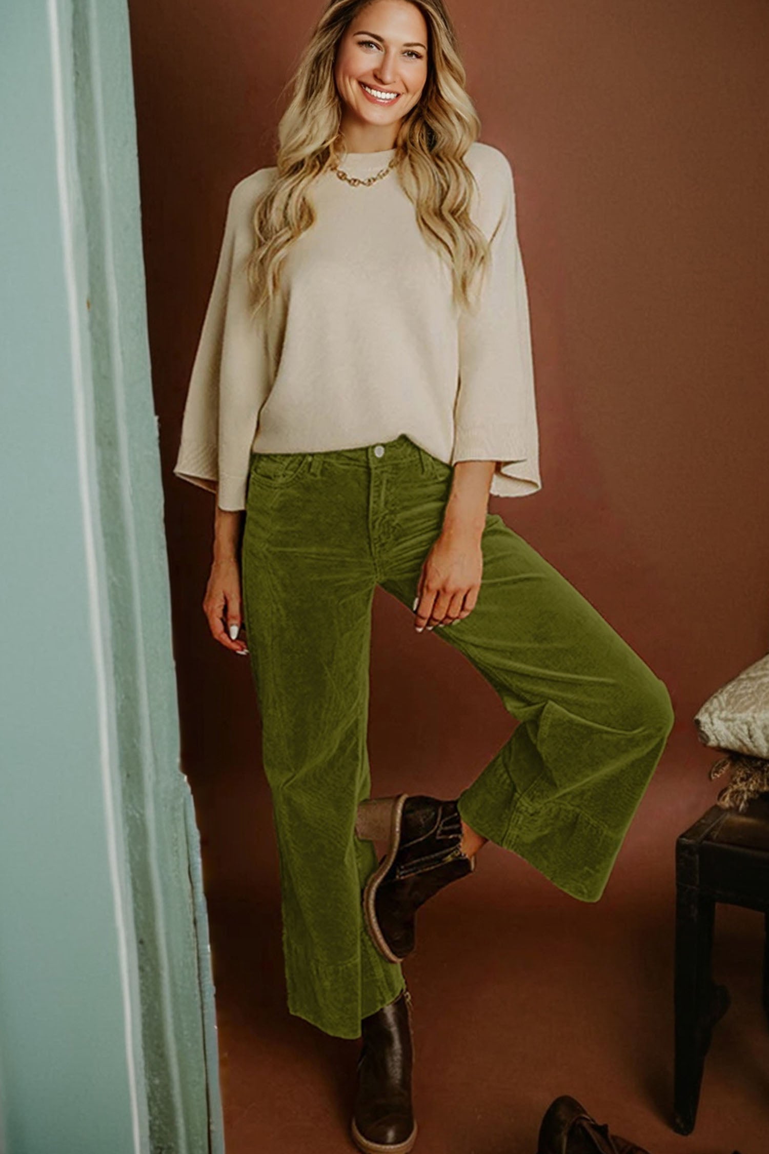 Vineyard Green Corduroy Solid Color High Waist Wide Leg Pants- Women