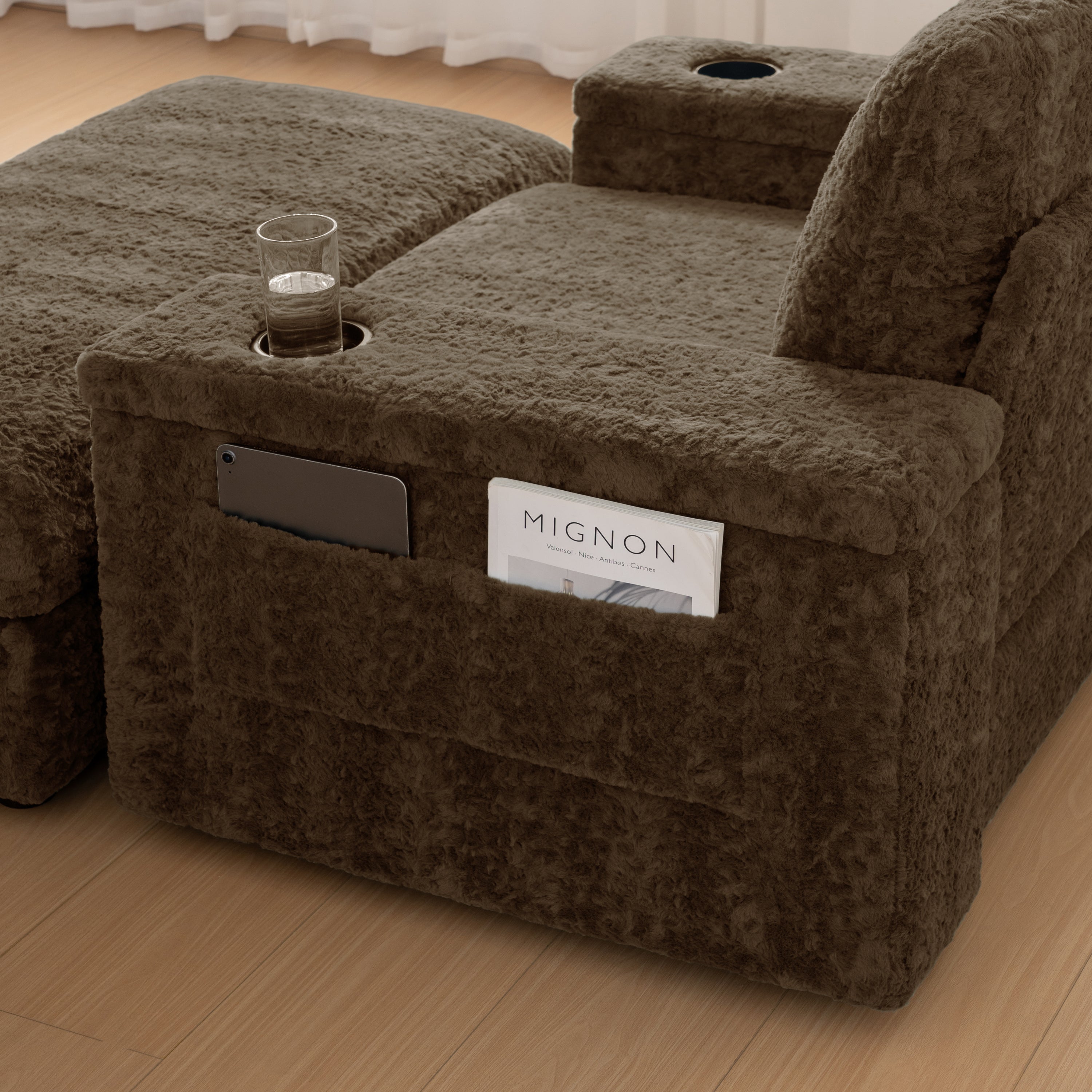 Oversized Chaise Lounge Indoor Faux Rabbit Fur Sofa Bed with Storage Ottoman and Armrests, Cup Holders, 42' Upholstered Sleeper Chair, 4 Colors