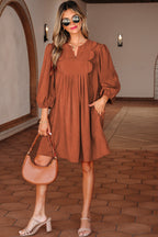 Cinnamon Bracelet Sleeve Split Neck Scallop Detail Pleated Corduroy Mini Dress- Women