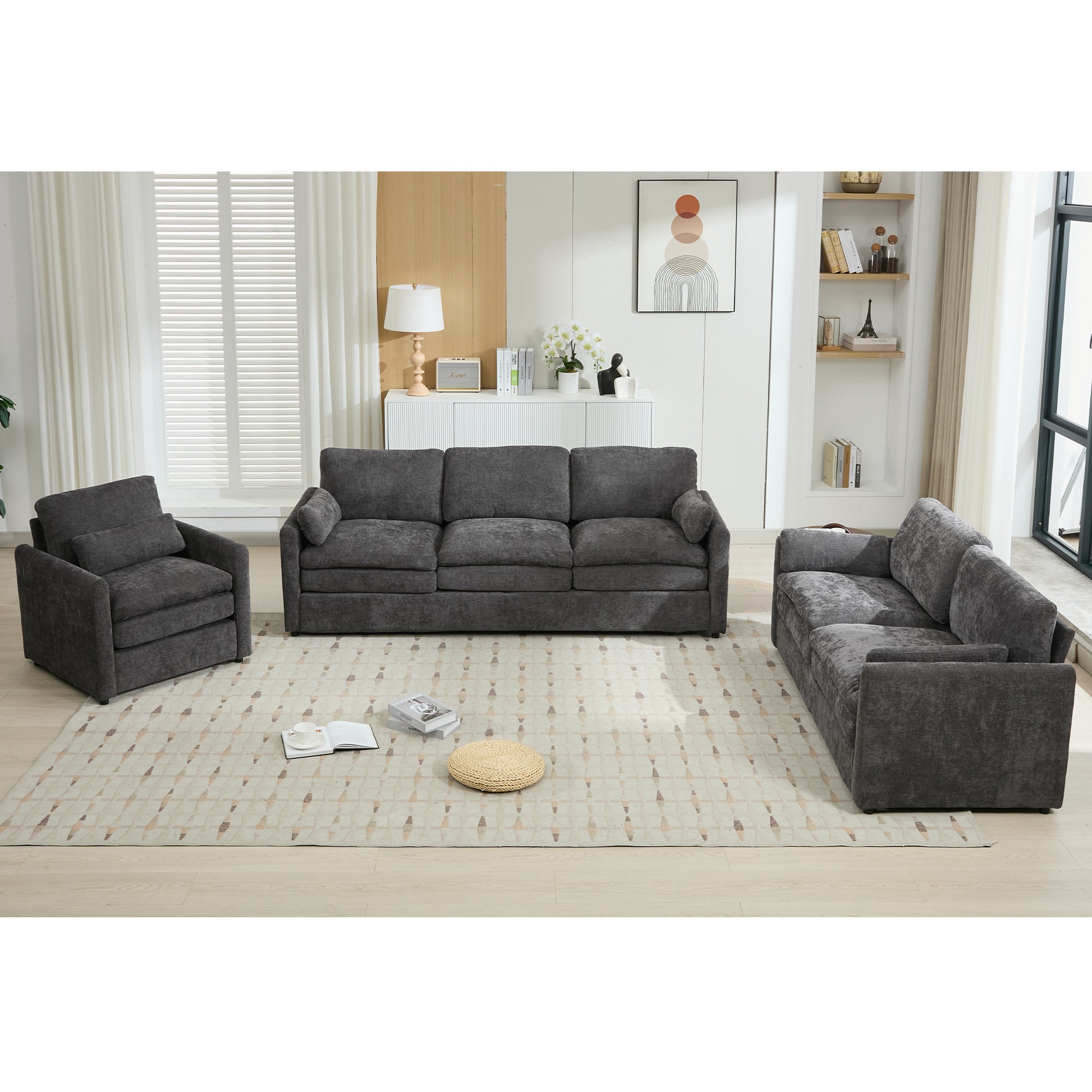 Cozy Upholstered Sofa Set Oversized Comfy Cloud Sofa Double Cushion Sofa Group Plush Cushion Sofa Couch for Living Room, Grey