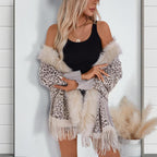 Women's Leopard Poncho With Faux Fur Collar - Fringe Hem Long Sleeve Open Front Cardigan Coat