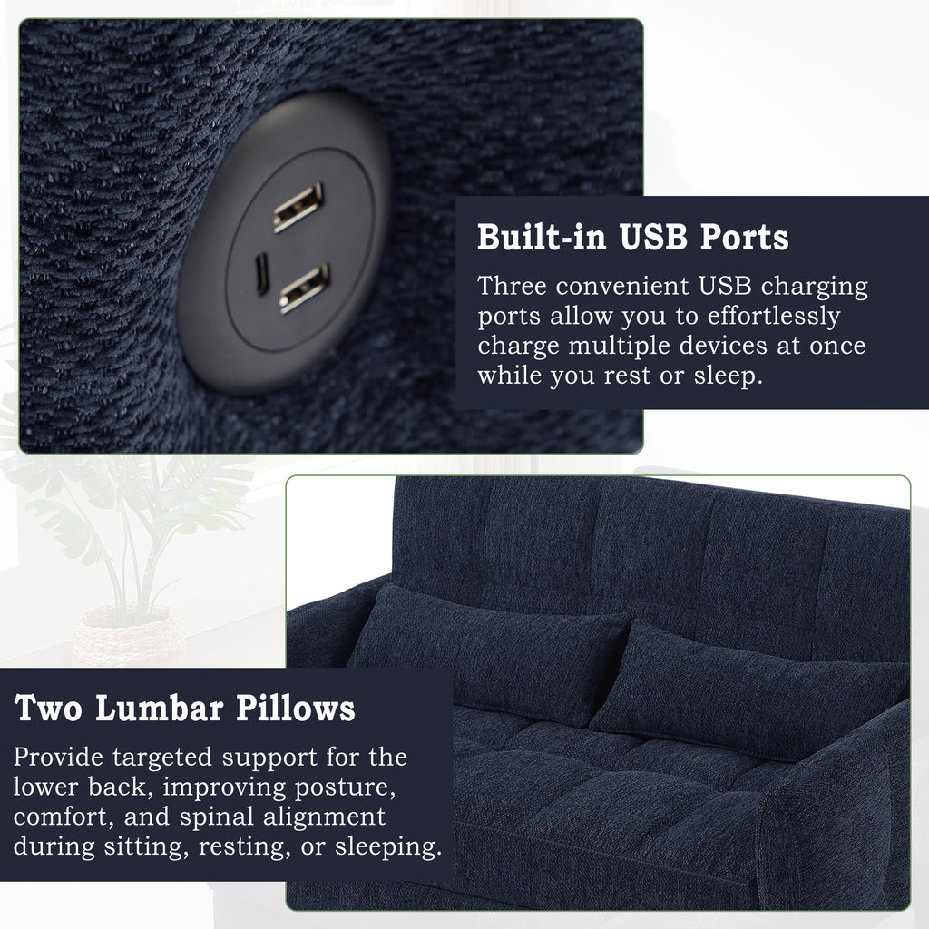 Modern Loveseat Sofa Pull-out Bed with Adjustable Backrest, USB Ports, Lumbar Pillows, Blue Chenille, 52.8'
