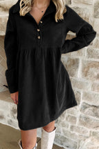Black Corduroy Half Button Collared Long Sleeve Mini Dress- Women Black 100%Polyester