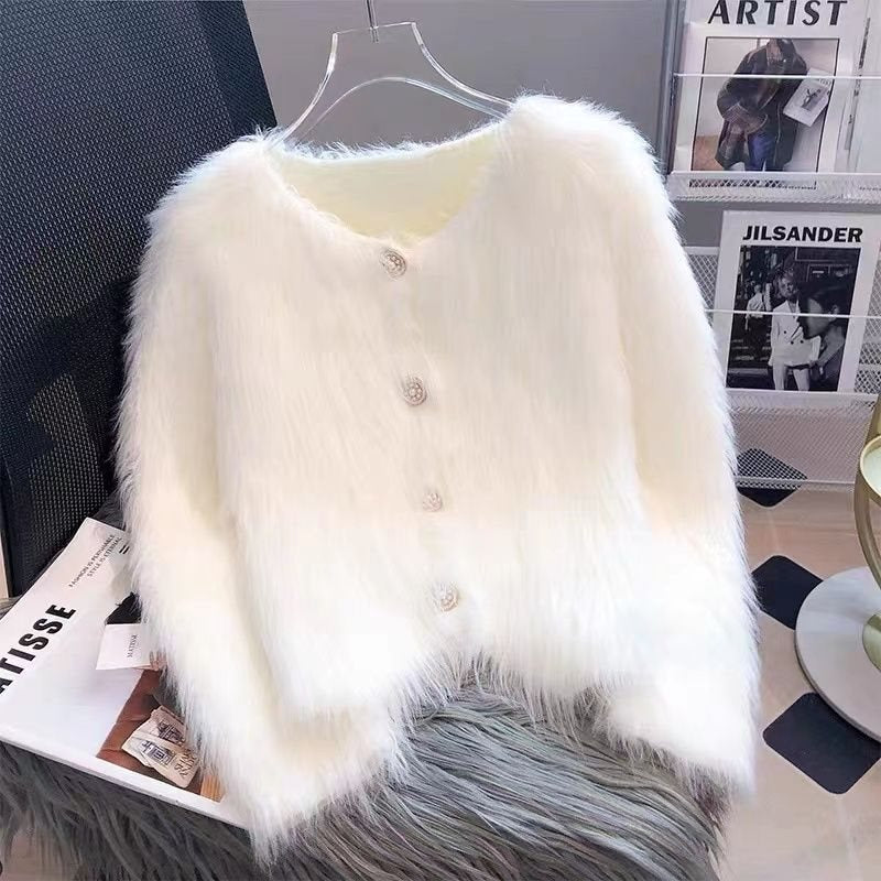 Women's Faux Mink Velvet Knit Cardigan Sweater Coat, Thickened For Autumn And Winter 2025, New Short European Style, Soft And Plush