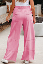 Bonbon Mineral Wash Exposed Seam Drawstring Elastic Waistband Wide Leg Cargo Pants- Women