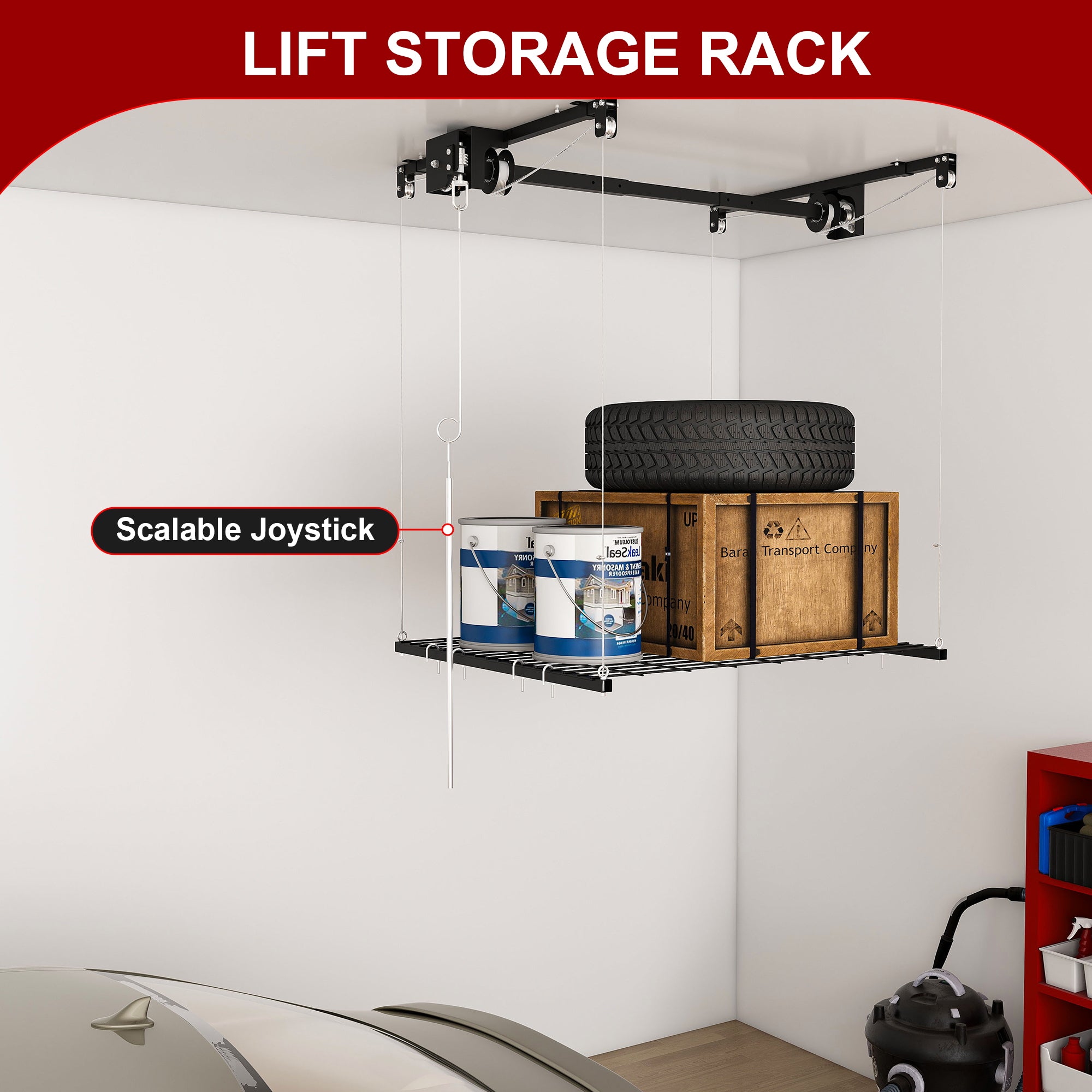 Overhead Garage Storage Rack 4x4 FT for High Ceilings 10-12 FT, 250LBS Capacity All-Steel Construction with Safety Lock (Installation Required, Heavy-Duty Garage Organizer)