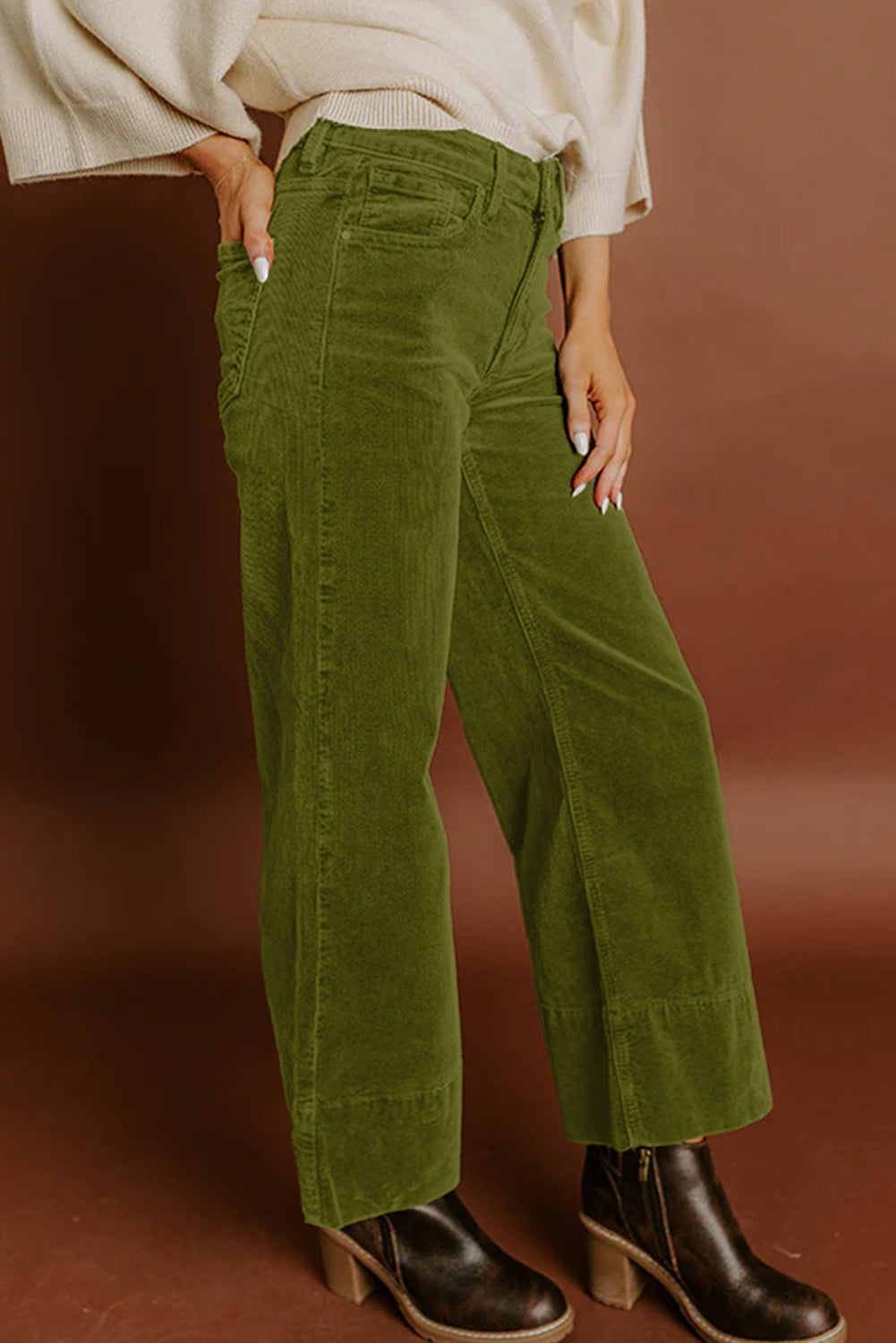 Vineyard Green Corduroy Solid Color High Waist Wide Leg Pants- Women