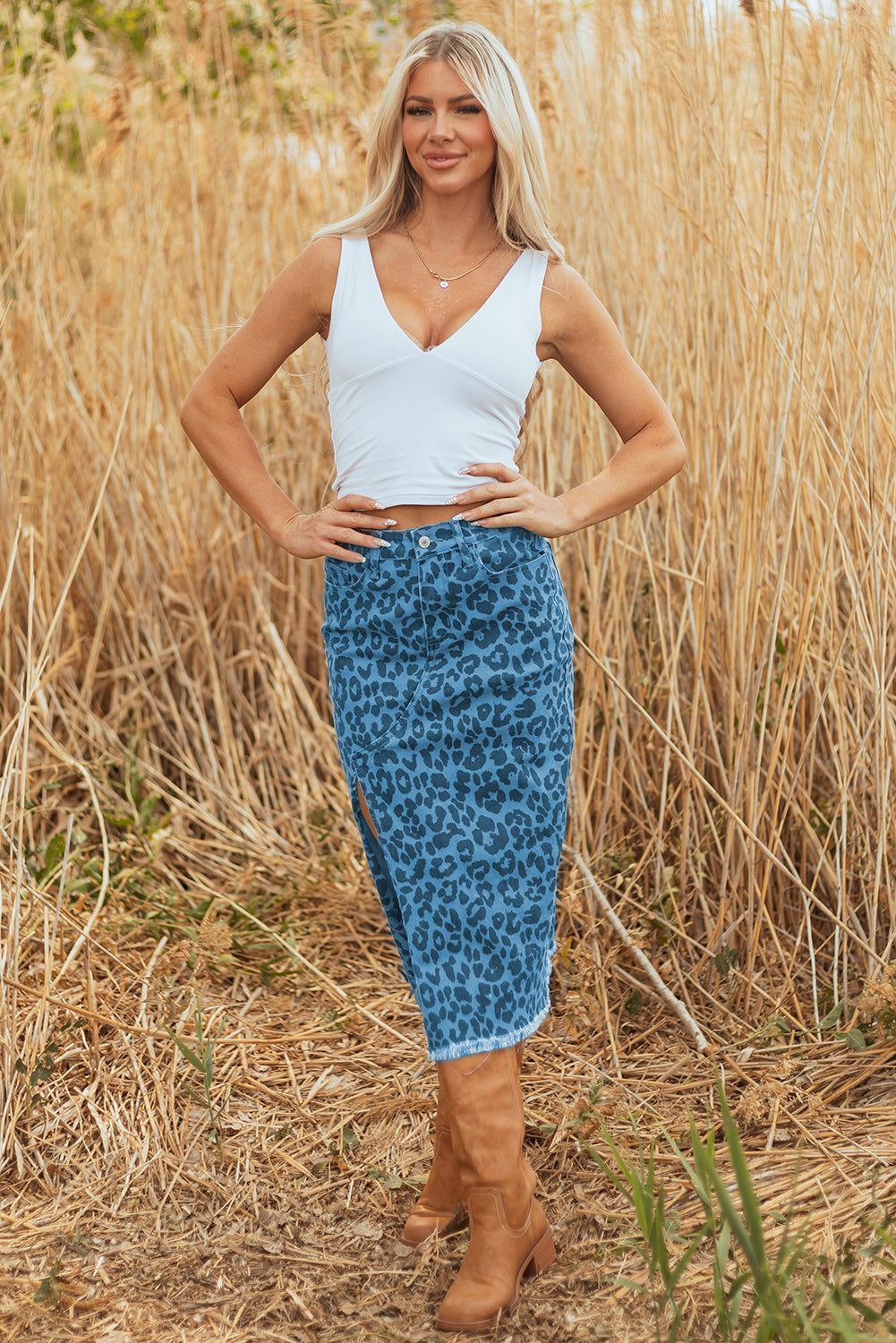 Sky Blue Leopard Denim Frayed Split Denim Midi Skirt- Women