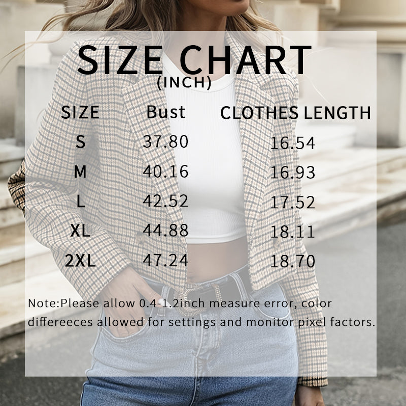 Women's Plaid Cropped Blazer, Vintage Notch Lapel Long Sleeve Short Jacket For Work Office