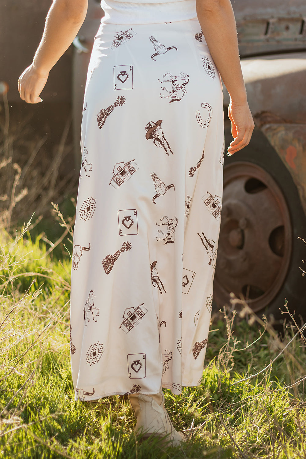Beige Western Print Satin Long Skirt- Women