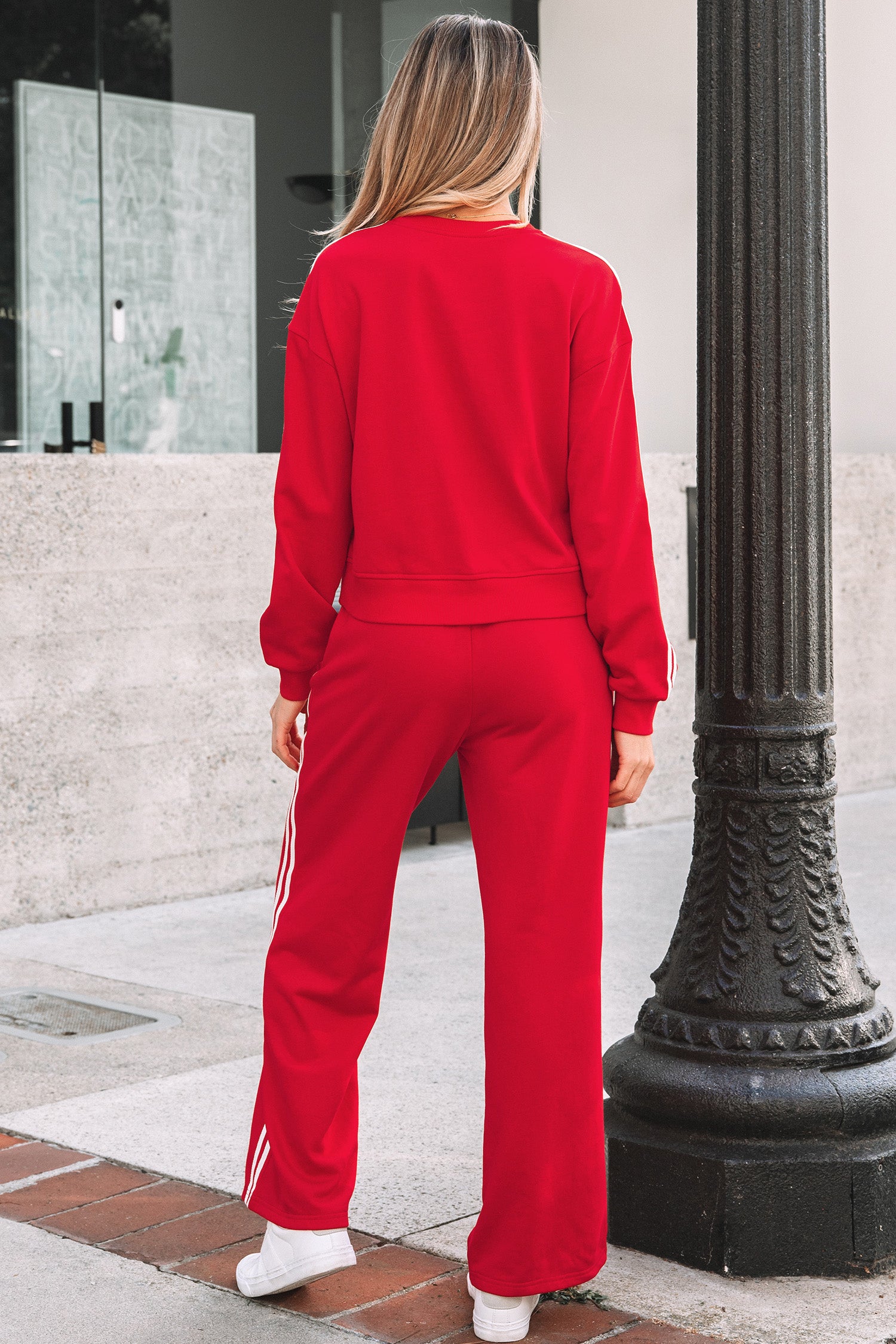 Fiery Red Varsity Striped Detail Crewneck Pullover Elastic Sweatpants 2pcs Outfit- Women