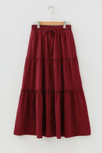 Fiery Red Black Frill Tiered Drawstring Waist Maxi Skirt- Women