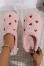 Pink Heart Shape Embroidered Slip On Plush Slippers- Women Pink