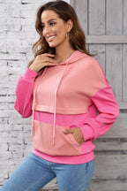 Pink Textured Color Block Kangaroo Pocket Drop Shoulder Hoodie- Women