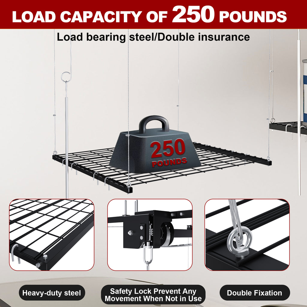 Overhead Garage Storage Rack 4x4 FT for High Ceilings 10-12 FT, 250LBS Capacity All-Steel Construction with Safety Lock (Installation Required, Heavy-Duty Garage Organizer)