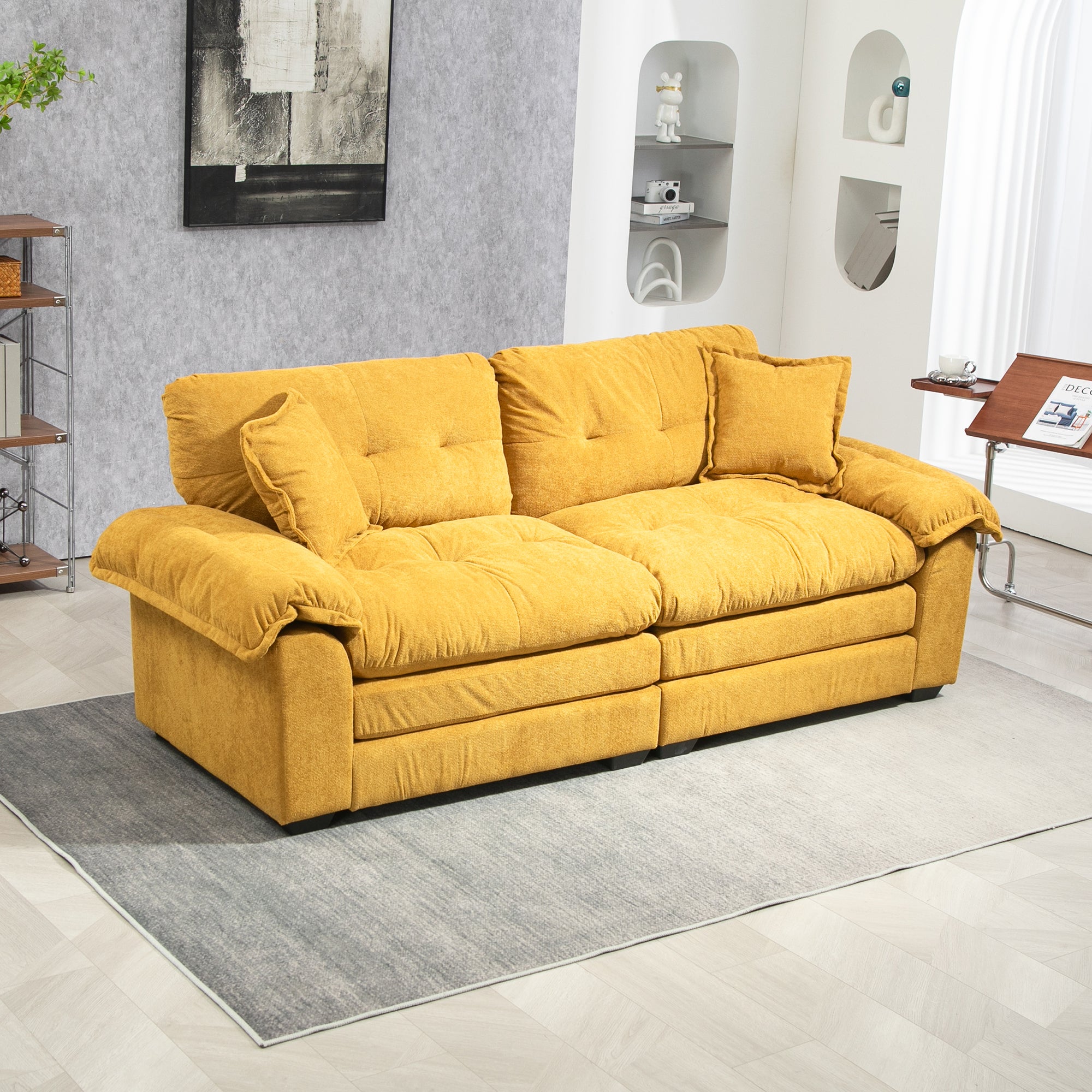 84' Chenille Sofa Small Sofa Loveseat Deep Seat Sofa Couch with 2 Throw Pillows & Memory Foam for Living Room Apartment Office Lounge-Yellow