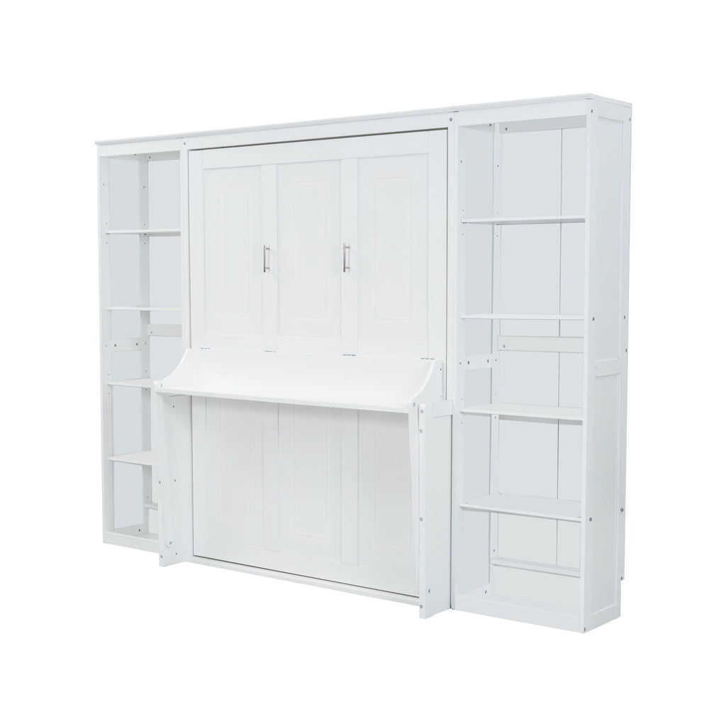 White Full Size Murphy Bed with Desk and Bookshelf, Pine Wood+MDF, 110.3''L x 79.8''W x 82''H Default