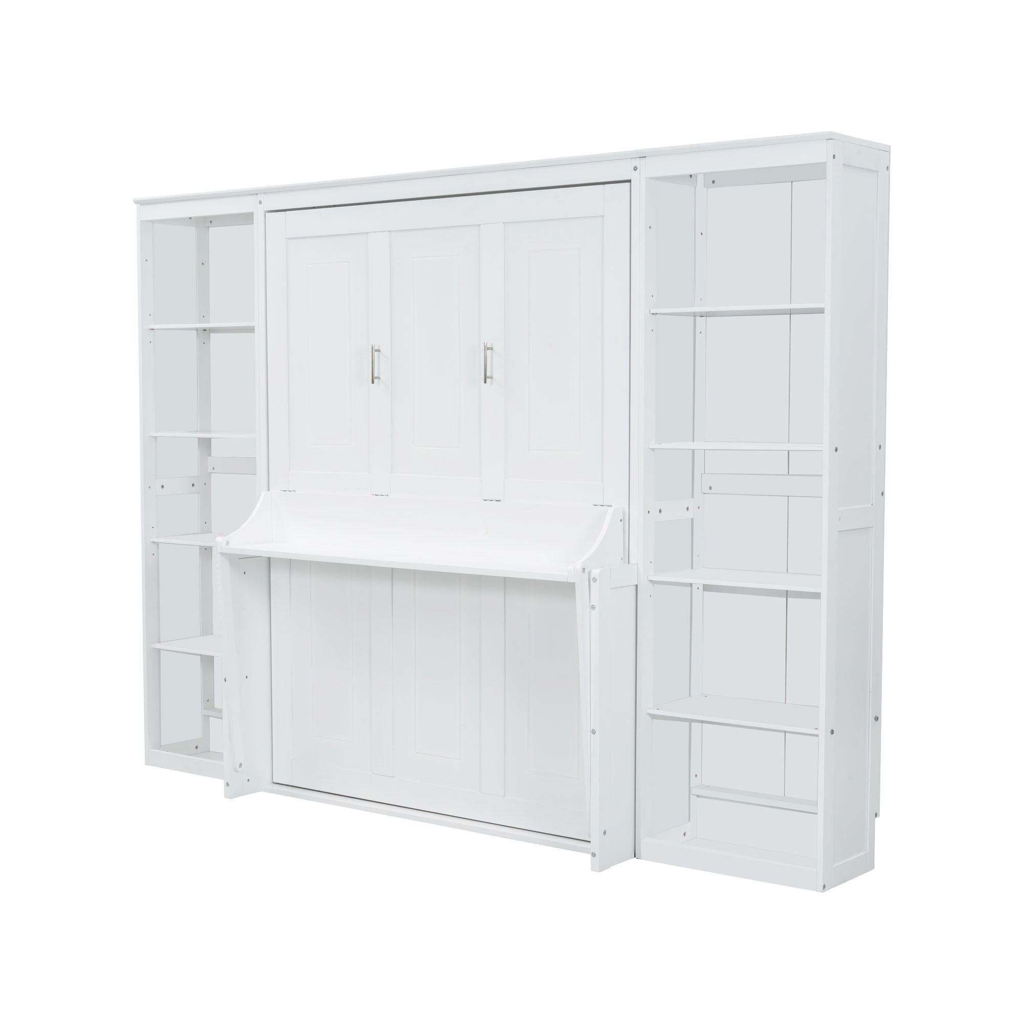 White Full Size Murphy Bed with Desk and Bookshelf, Pine Wood+MDF, 110.3''L x 79.8''W x 82''H Default