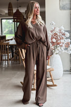 Dark Brown Braided V Neck Long Sleeve Loose Top and Drawstring High Waist Pants 2pcs Outfit- Women