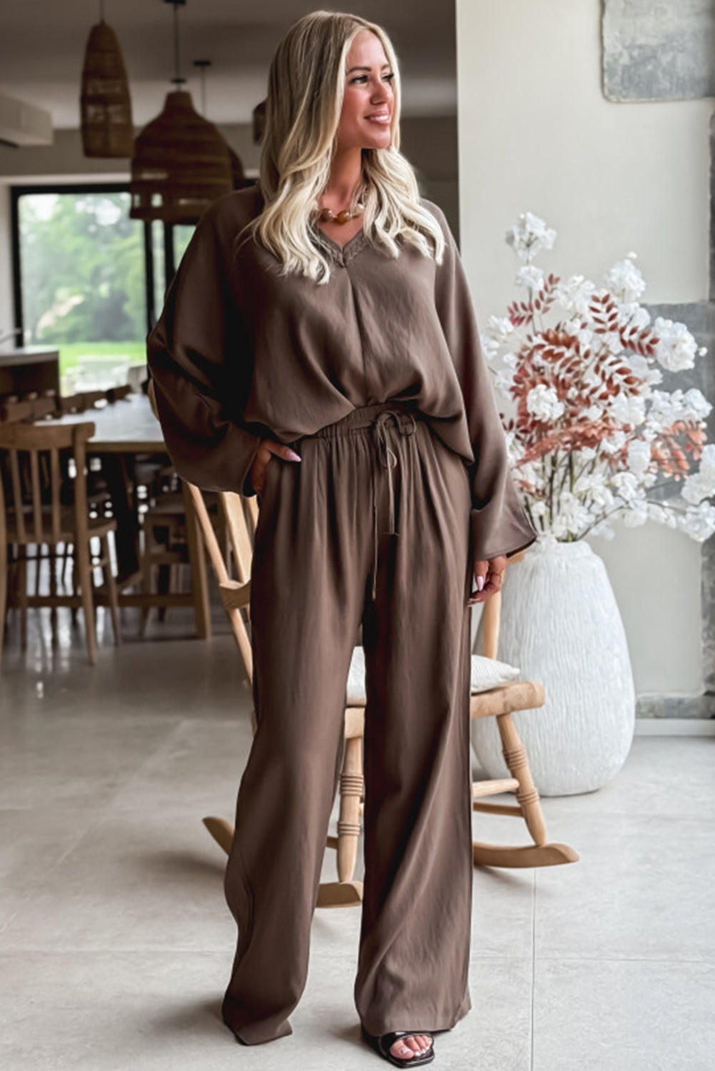 Dark Brown Braided V Neck Long Sleeve Loose Top and Drawstring High Waist Pants 2pcs Outfit- Women