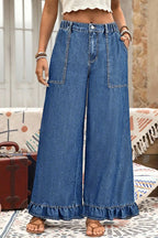 Sail Blue Plus Size Elastic Waist Ruffled Wide Leg Denim Pants- Women