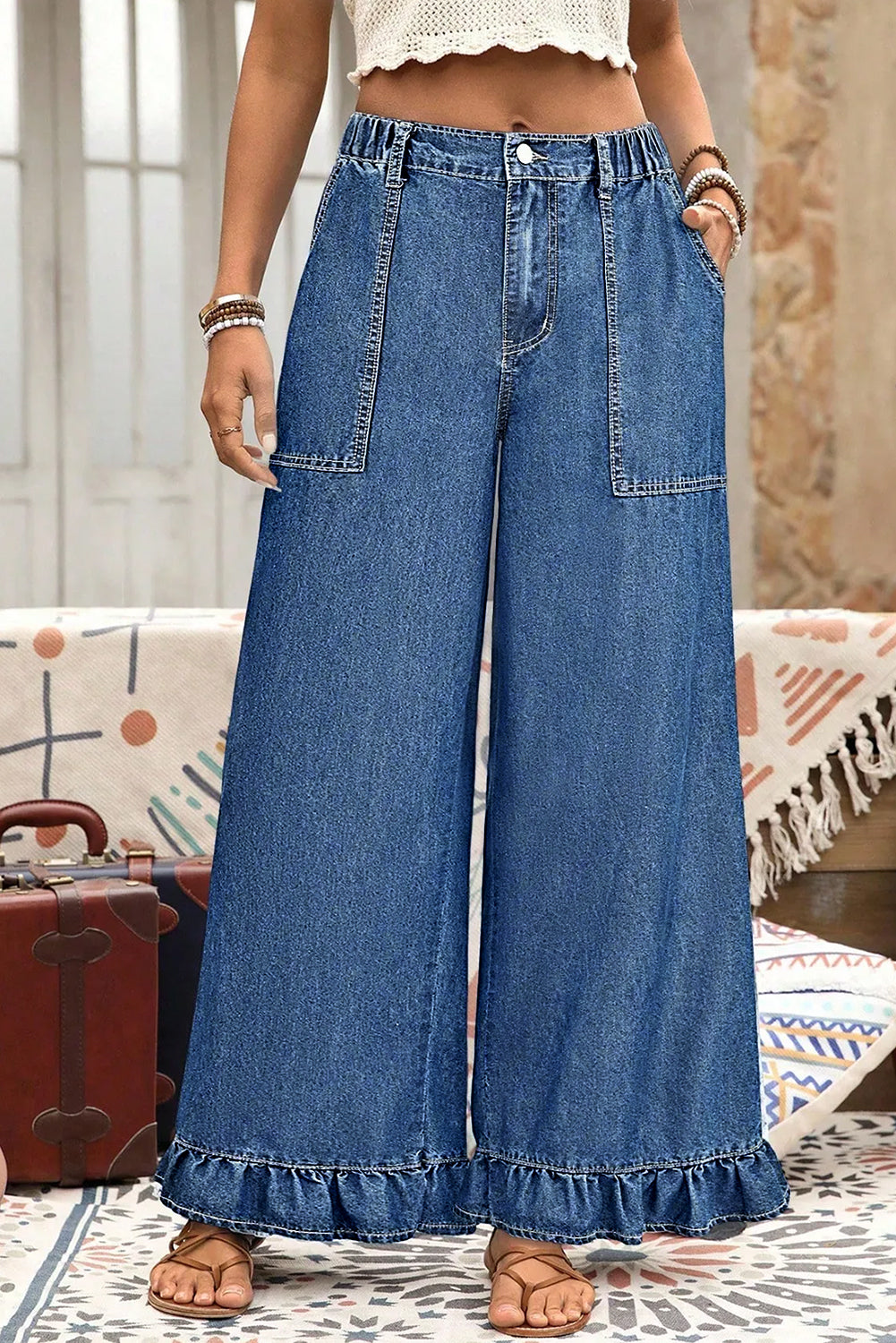 Sail Blue Plus Size Elastic Waist Ruffled Wide Leg Denim Pants- Women