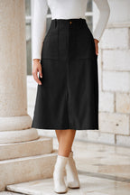 Black Front Slit Shift High Waist Midi Skirt- Women Black 100%Polyester