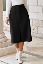 Black Front Slit Shift High Waist Midi Skirt- Women