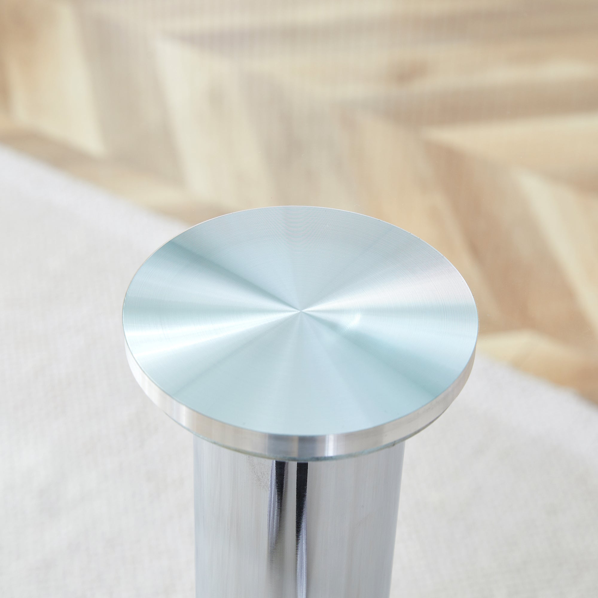 Modern Minimalist Circular Glass Dining Table with Electroplated Silver Metal Legs, 35-Inch Diameter