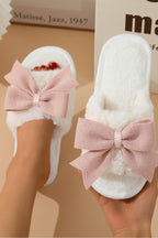 White Bow Knot Decor Open Toe Plush Slippers- Women White