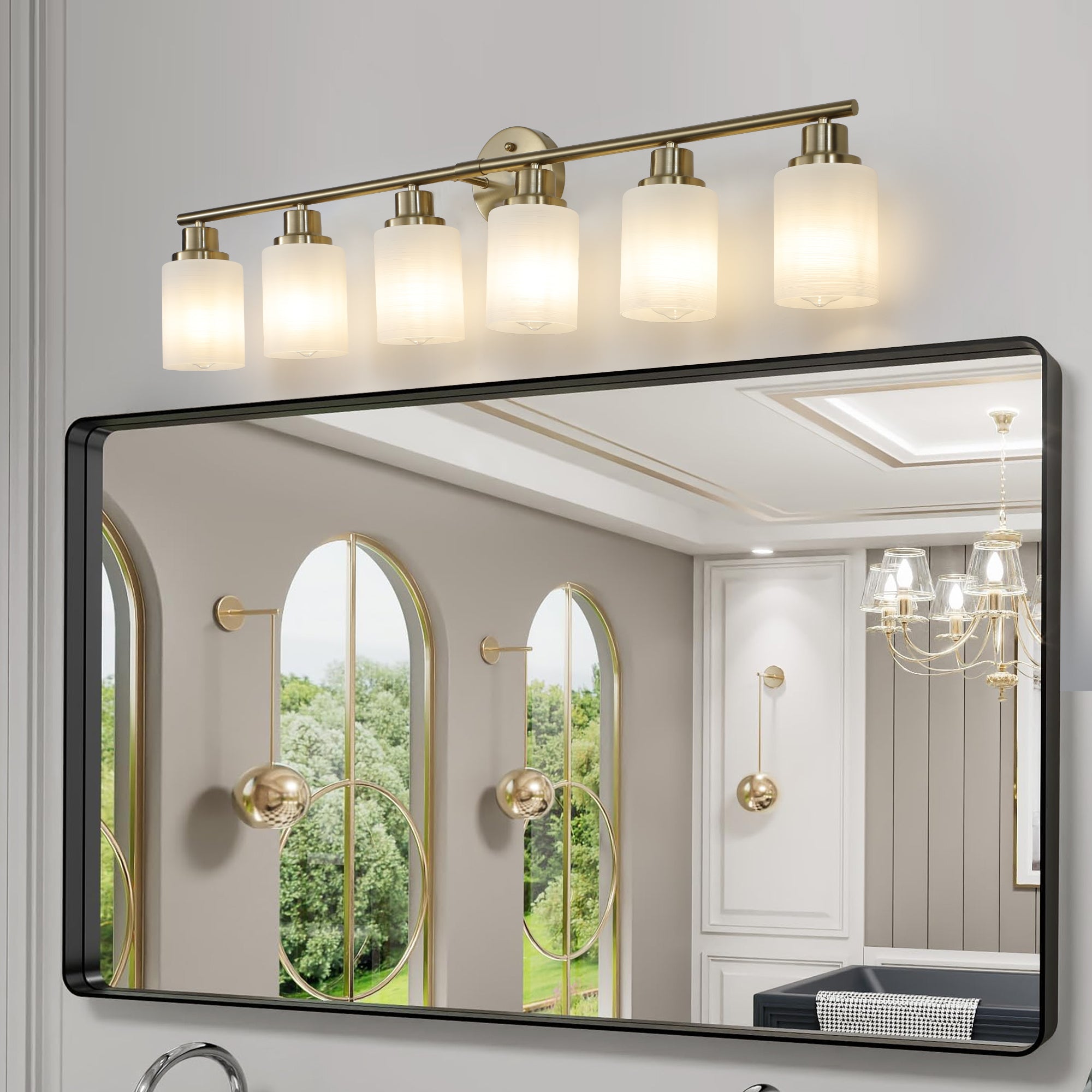 39' Modern 6-Light Vanity Wall Sconce, Golden Finish with Frosted Glass Shades for Bathroom or Hallway Lighting (No Bulbs)