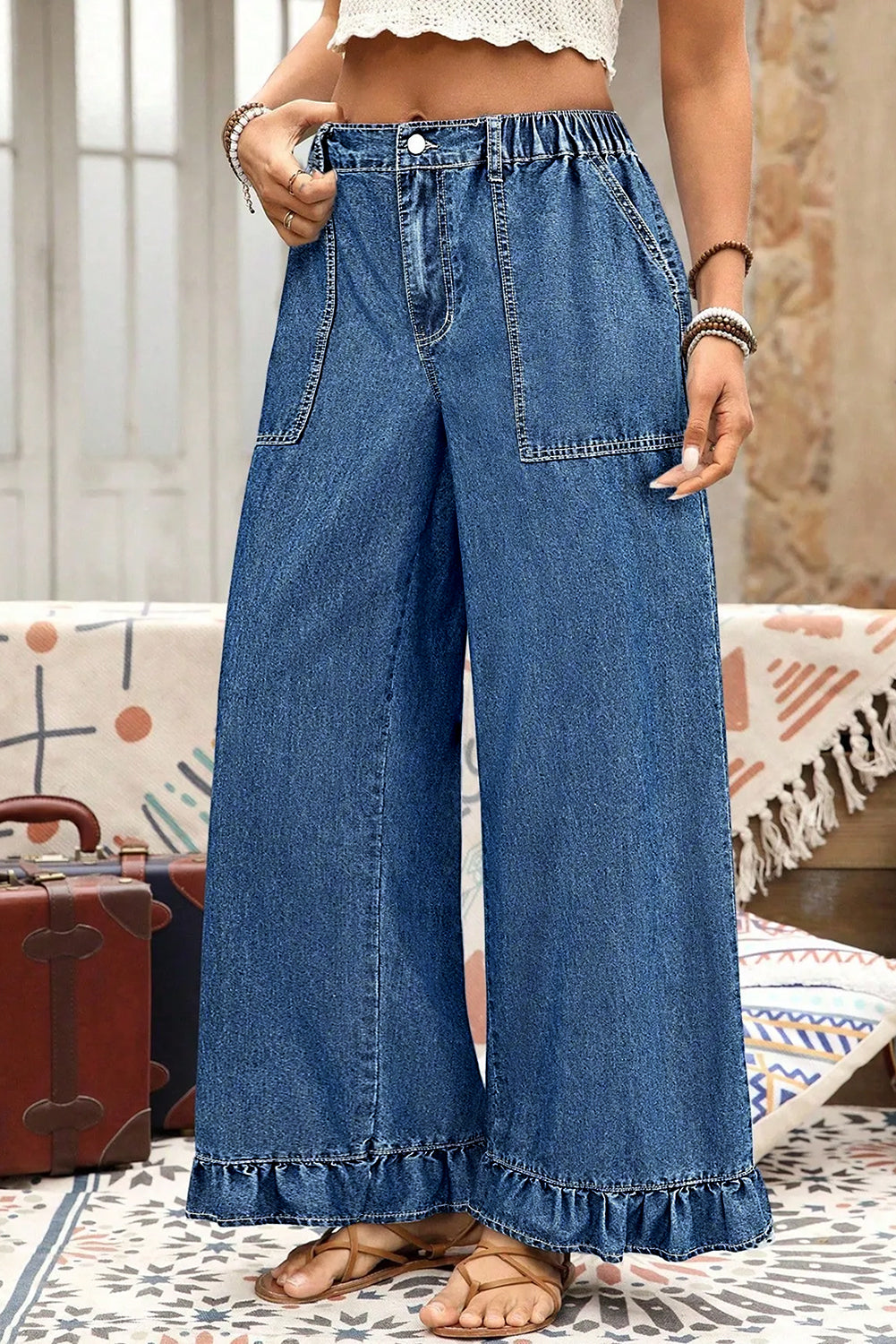 Sail Blue Plus Size Elastic Waist Ruffled Wide Leg Denim Pants- Women