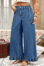 Sail Blue Plus Size Elastic Waist Ruffled Wide Leg Denim Pants- Women
