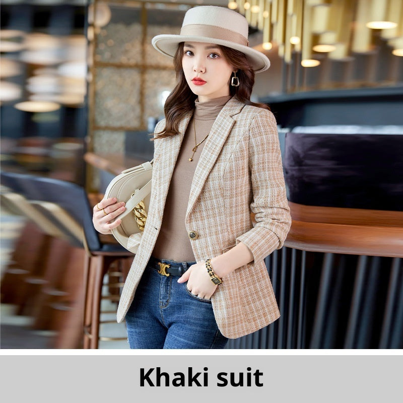 Casual Plaid Autumn Western Style Women's Clothing Long Coat Khaki