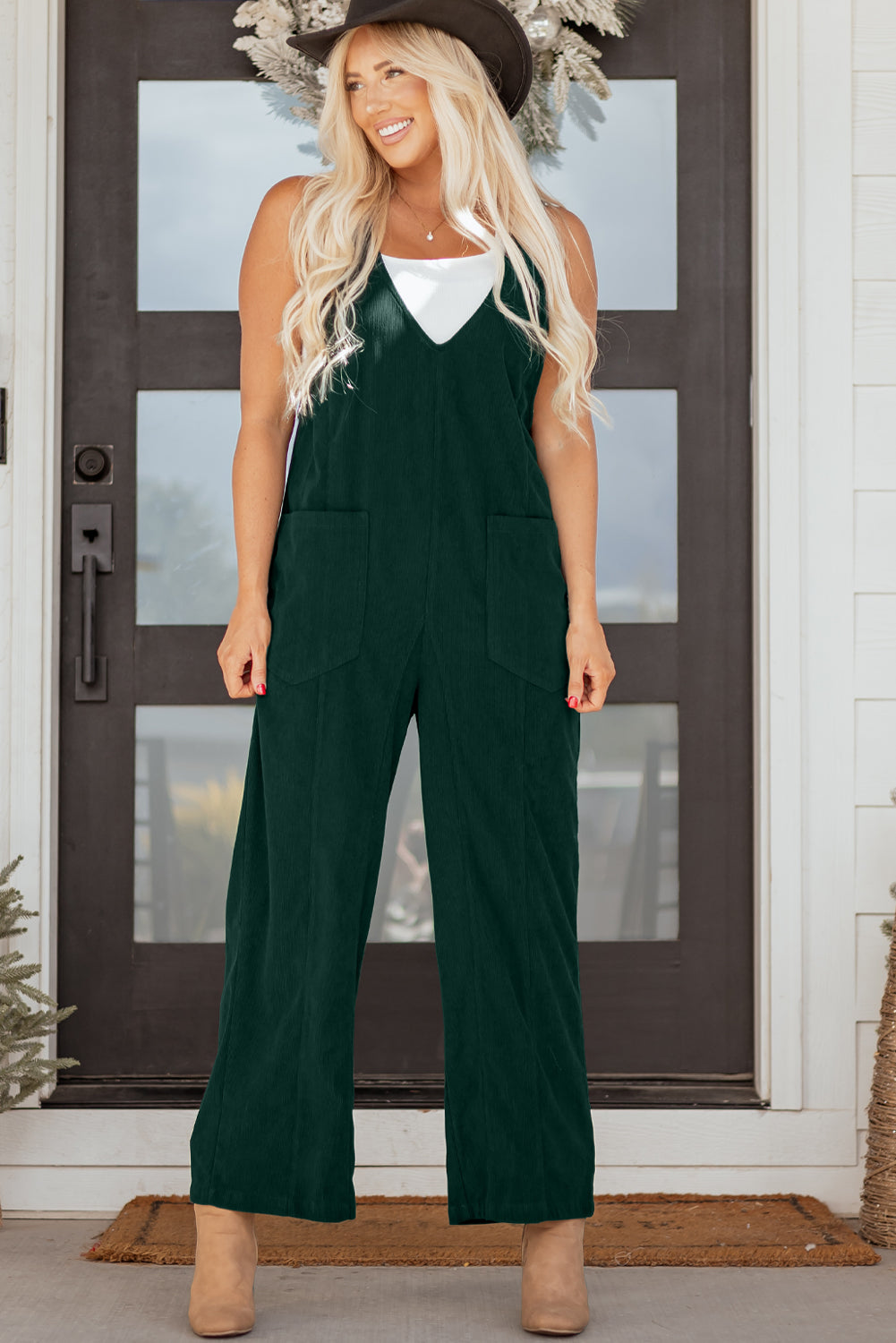 Evergreen Corduroy V Neck Patched Pocket Sleeveless Jumpsuit- Women