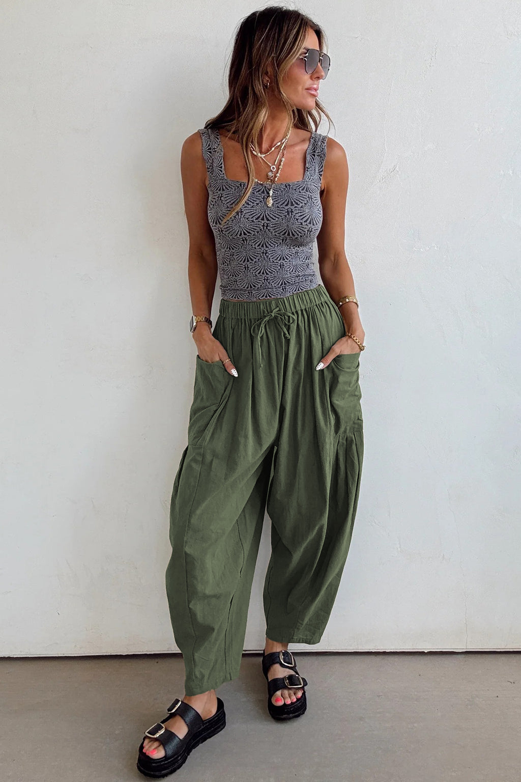 Jungle Green Drawstring Elastic Waist Patch Pocket Barrel Leg Casual Pants- Women