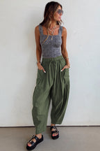 Jungle Green Drawstring Elastic Waist Patch Pocket Barrel Leg Casual Pants- Women