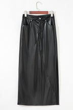 Black Faux Leather Side Slit Maxi Skirt- Women