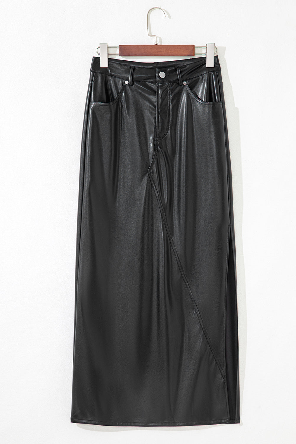 Black Faux Leather Side Slit Maxi Skirt- Women