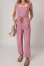Light Pink Lace-up Elastic Waist Sleeveless Square Neck Jumpsuit- Women Light Pink 72%Cotton+26%Polyester+2%Elastane