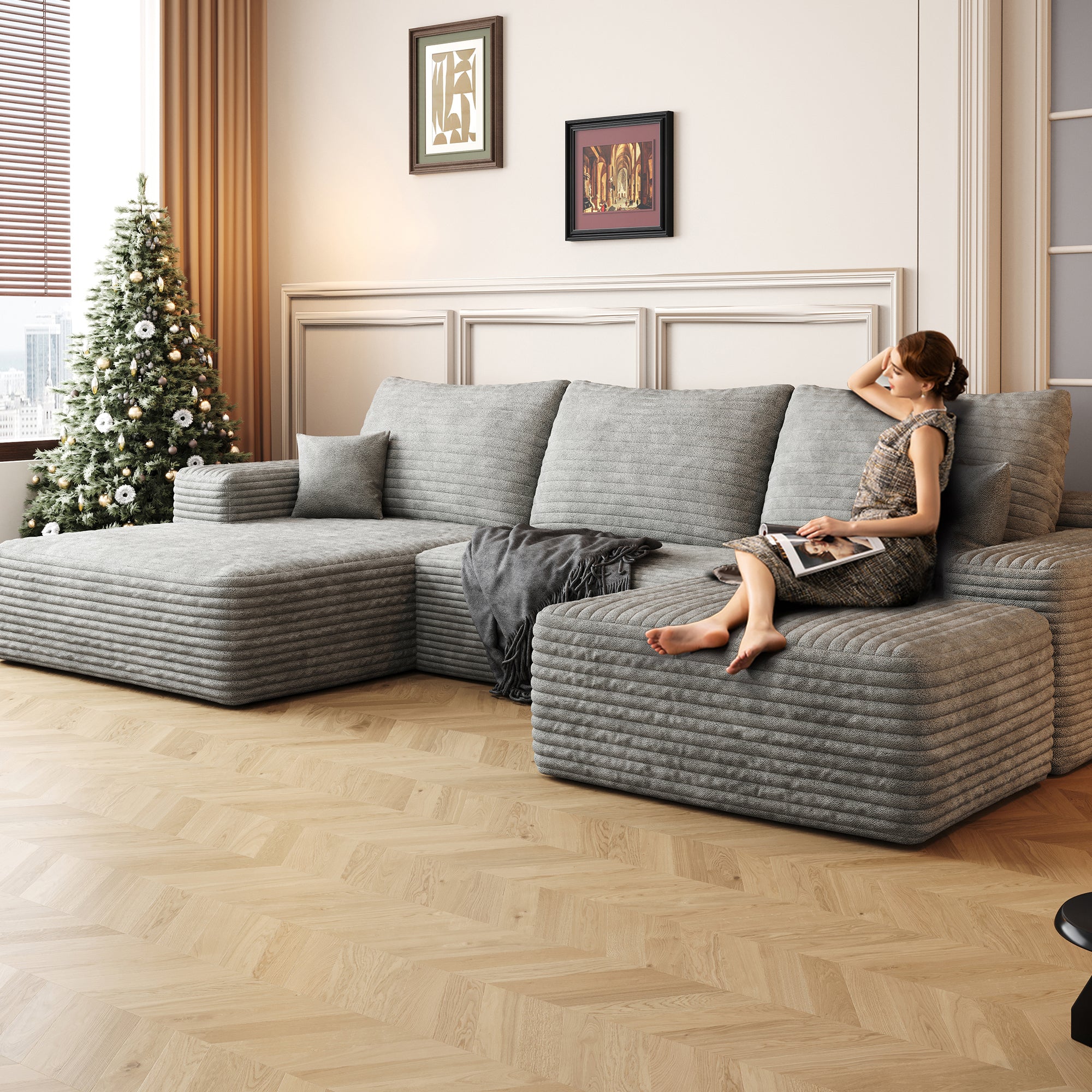 107'Cloud Sectional Sofa with 1 Ottoman,Modern Minimalist Upholstered Couches,Comfort U Shaped Sofa for Living Room,Deep Seat Corner Couch,No Assembly Required,Grey (Plush Corduroy Fabric)