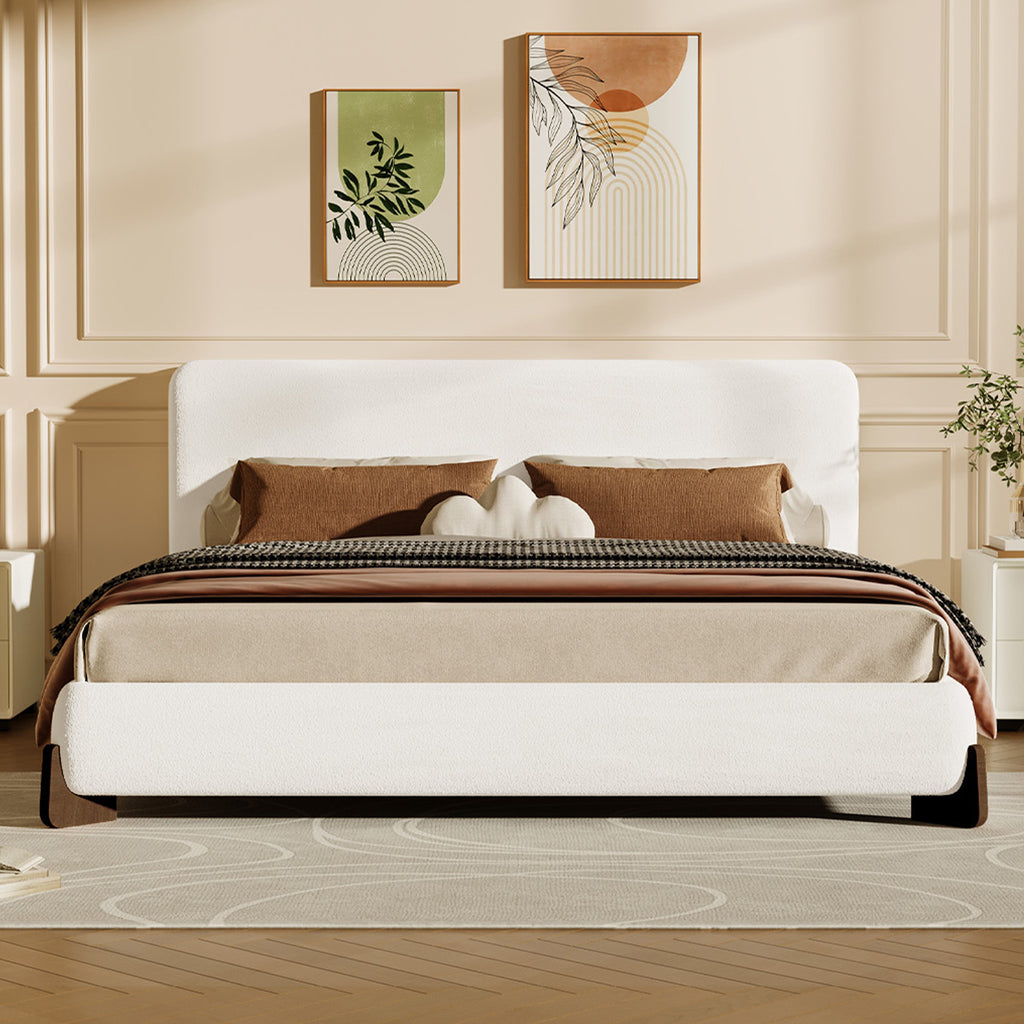 Elegant White Boucle Upholstered King Bed with Dark Brown Solid Wood Legs, Luxurious Bedroom Centerpiece