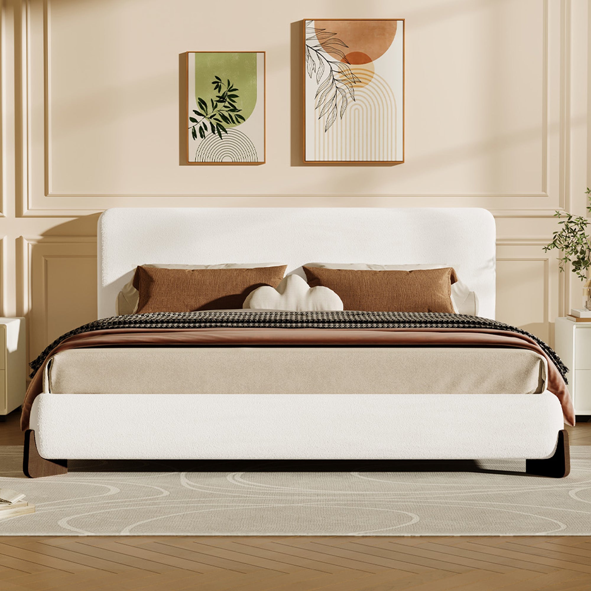Elegant White Boucle Upholstered King Bed with Dark Brown Solid Wood Legs, Luxurious Bedroom Centerpiece