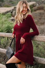 Red Dahlia Frilled Neck Ribbed Knit Patchwork Long Sleeve Mini Dress- Women